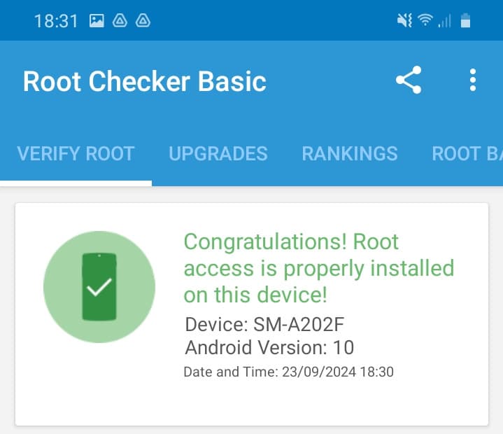 Der Bestätigungsbildschirm in der Root Checker Android-App, der anzeigt, dass ein Gerät gerootet ist